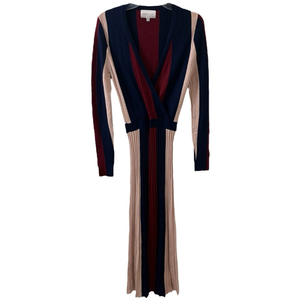 Adelyn Rae Knit Stripe Maxi Dress Long Sleeve Faux Wrap Pleated Skirt Women’s XS